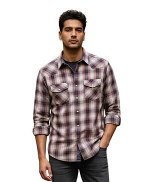 Flag & Anthem Desert Son Shirt Mens Medium Brown Plaid Western Pearl Snap Size S
